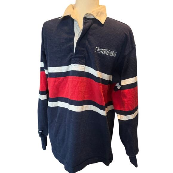 Vintage USPS Barbarian Rugby Shirt Made in Canada Navy Red White Stripe Size L - Picture 3 of 11